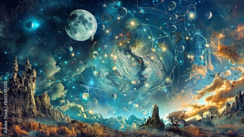 Celestial symbols in an astrological landscape, intertwining the cosmos with astrological principles.