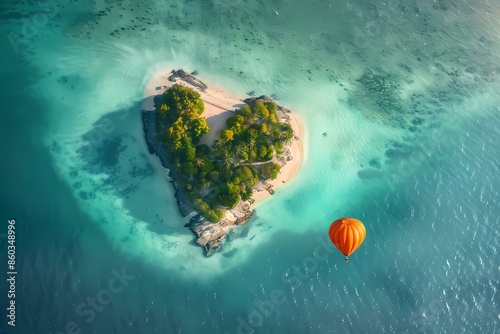 A stunning aerial view of a small, heart-shaped tropical island surrounded by turquoise waters. The island is lush with green foliage and has sandy beaches.