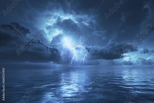 An electric storm with lightning bolts over a calm sea, symbolizing the sudden and powerful emergence of ideas. 