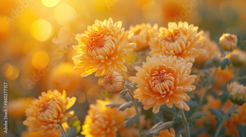 Chrysanthemums glowing in the afternoon sun, their petals delicate and intricate