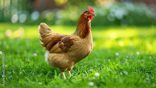 Brown chicken stands on green grass in sunlight