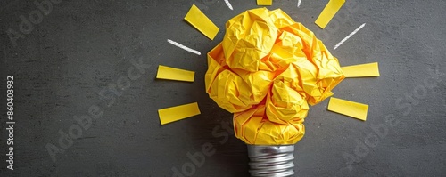 Crumpled yellow paper in lightbulb shape with rays, on white background Innovative recycling Symbolizing the creation of new ideas from discarded thoughts