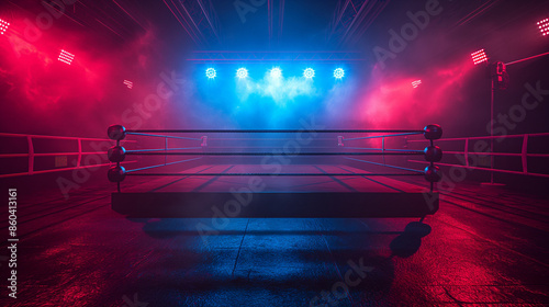 A professional boxing ring with bright blue and red spotlights. Empty fighting stage, sports competition concept.