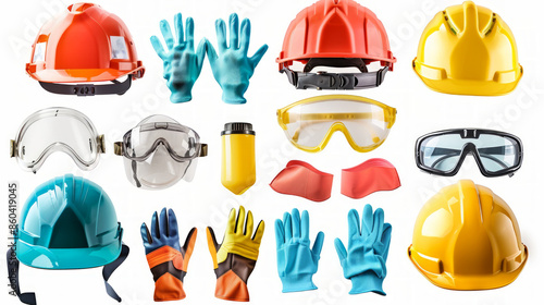 Personal Protective Equipment (PPE): Equipment such as helmets, gloves, and safety glasses for protecting workers isolated on white background