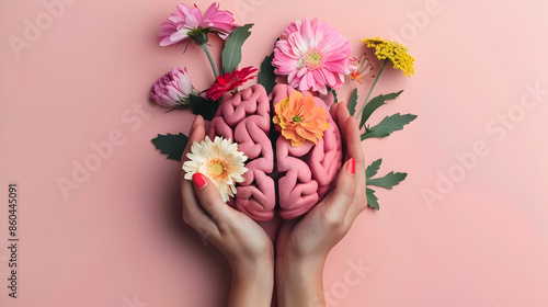 Hands holding paper head human brain with flowers self care and mental health concept positive thinking : Generative AI