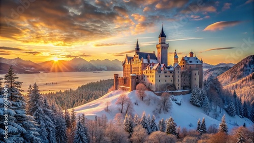 Winter sunrise illuminating a majestic castle covered in snow , dreamy, cold, dawn, morning, freezing, icy, frost