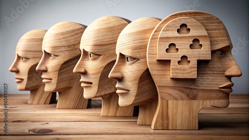 Wooden heads with puzzled expressions being exposed to subliminal messages , confusion, perplexity