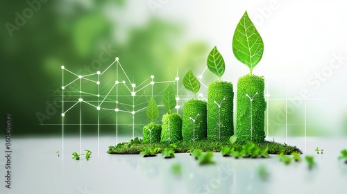 Financial charts with fresh leaves symbolizing green growth, environmental investment, sustainable economy