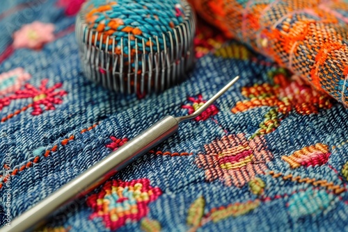 vibrant sewing essentials needle presser foot and pincushion on denim closeup