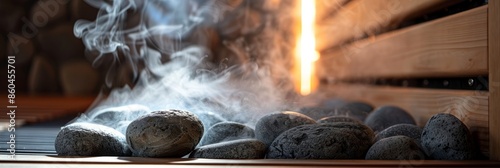 A low-angle view of a sauna stove with hot stones emitting steam, creating a warm and relaxing atmosphere