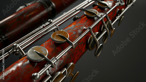 Detailed view of a bassoon showing the keys and the reddish-brown wood body, emphasizing its craftsmanship.