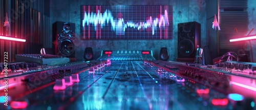Conceptual image of a holographic sound wave display in a digital recording studio with room for text