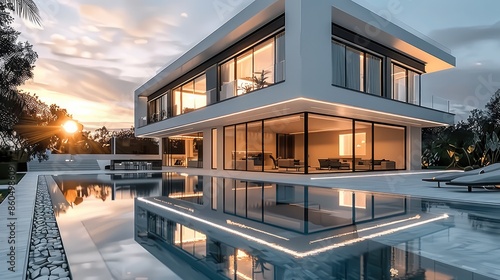 A modern villa with an exterior that features white walls and glass windows, adorned with large concrete floors. The pool reflects the entire building, illuminated under warm lights. Generative AI.