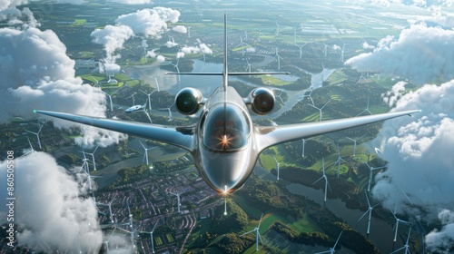 A futuristic aircraft with sustainable materials and hybrid engines, photorealistic, flying over a green landscape with wind turbines and solar panels.