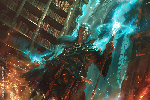 A vibrant illustration of a half-elf wizard casting a powerful arcane spell, with glowing magical runes and a staff topped with a crystal, set in an ancient library