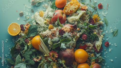 A pile of rotting fruit and vegetables on a blue background. The image is a representation of food waste.