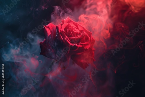 A red rose surrounded by smoke on a black background