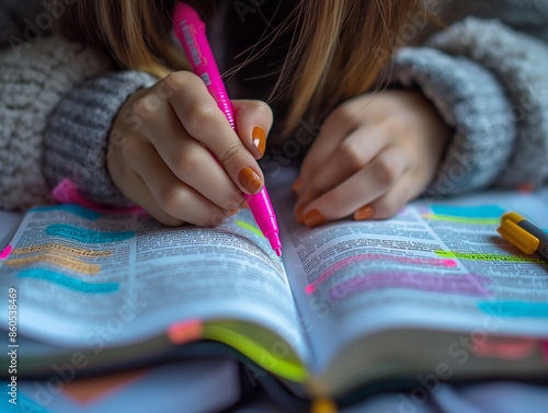 A law student highlighting key passages in a textbook while studying for exams