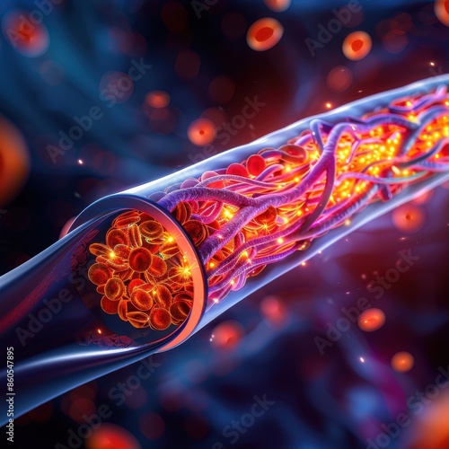 Coronary stent inside blood vessel, medical graphic, cardiovascular innovation