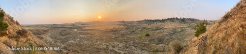 Panorama of the sunset in the badlands