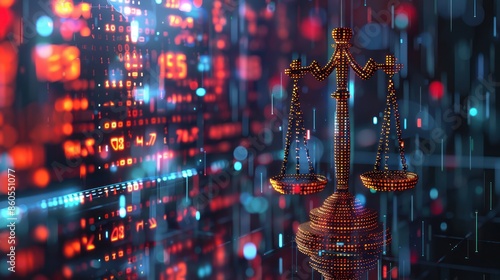 Digital Duality of Judiciary: Law Scales in Data Center Background - Modern World Jurisprudence and Justice Concept with Copy Space