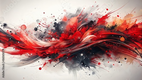 Vibrant abstract artwork featuring dynamic red and black ink brush strokes splashing across a pristine white background with emotive intensity.