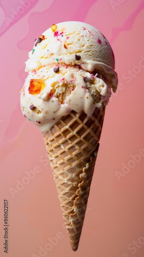A single Ice Cream Cone with a delicious looking single ice cream scoop, with toppings, against a flat and solid colored continuos matte background --no hands and cutlery --ar 9:16 