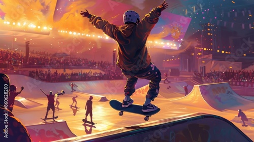 Victorious Moment at the Finish Line of a Skateboarding Event during the Paris 2024 Olympic GamesParis 2024, Olympic Games, skateboarding event, victory, finish line, skateboarder, triumph, skateboard