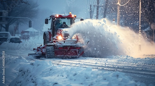 Winter road maintenance snow blower vehicle clears heavy snowfall with efficiency