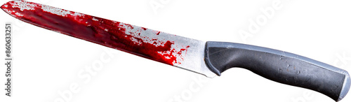 Kitchen knife with red blood stains on an isolated white background.