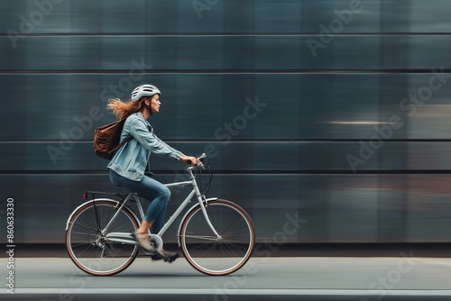 A cyclist wearing a helmet and a backpack rides a bicycle swiftly along a city street, with a blurred background emphasizing the motion and urban environment.