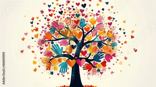 Colorful tree with a mix of heart and hand-shaped leaves, illustrating the unity and growth in friendships.