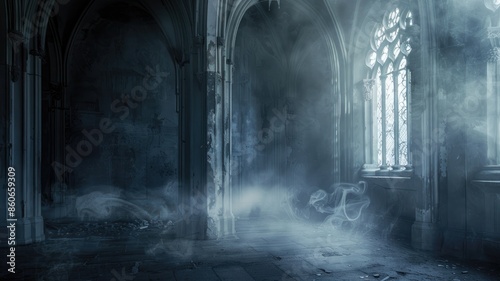 Misty, abandoned cathedral interior with gothic architecture