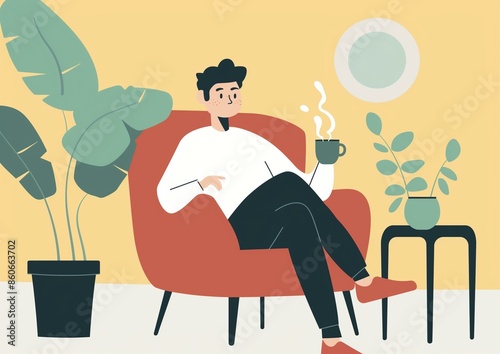 Cozy Home Relaxation Illustration - Man with Coffee in Modern Living Room