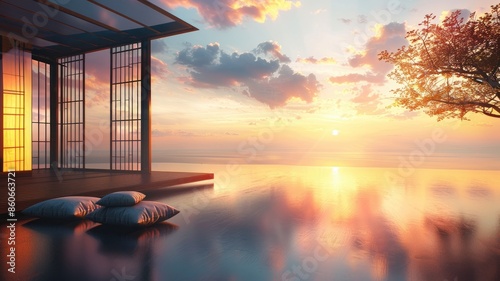 Tranquil scene of luxurious open space with traditional sliding doors overlooking serene sunset on ocean