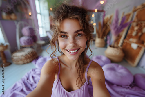 Photo of nice young girl wear shirt isolated on violet color background