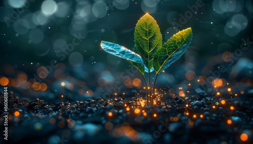 Nature shows growth with green leaves and glowing particles, symbolizing life and renewal