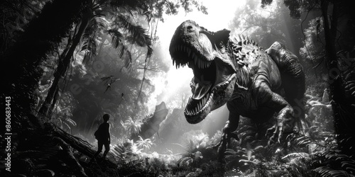 A person standing beside a dinosaur in a dense forest environment