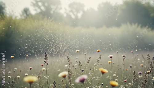 Pollen grains and pollen particles, which can trigger allergies, are transported by wind through the air in a meadow in spring