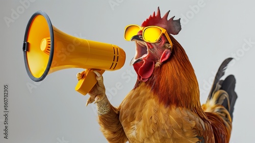 Rooster in sunglasses shouts into a yellow megaphone