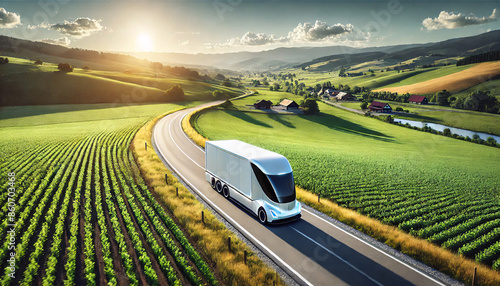  autonomous delivery truck driving through a scenic countryside, featuring advanced technology and a sleek, modern design, representing innovation in logistics and transportation.