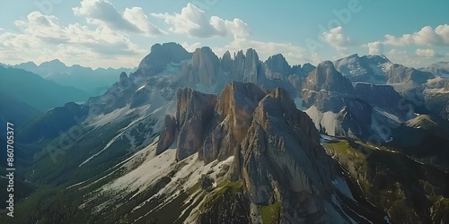 Aerial drone footage reveals Selva mountn range in Dolomites South Tyrol Italy. Concept Aerial Photography, Drone Footage, Mountain Range, Dolomites, South Tyrol, Italy