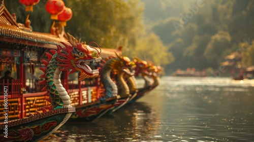 Traditional dragon boats adorned with colorful carvings line a serene river