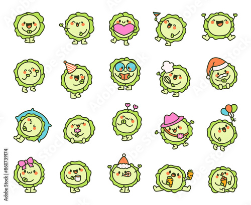 Cute cabbage character. Funny cartoon food. Hand drawn style. Vector drawing. Collection of design elements.