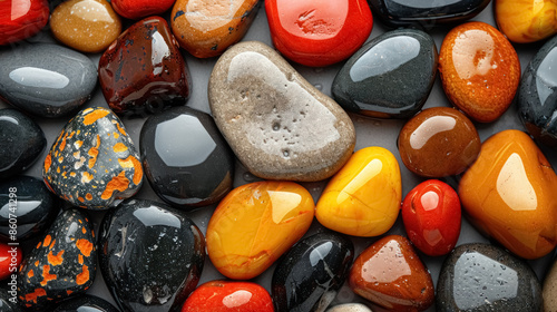 colorful wet pebbles in vibrant hues close-up