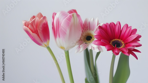 Composition with beautiful blooming Tulips and Barberton Daisy Gerbera jamesonii flowers on white background pink colors macro : Generative AI