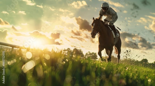 Cinematic racehorse riding in daylight high contrast realistic image from jockey s view