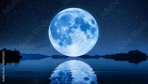 Reflection on the lake of the big blue full moon. Astrology, astronomy and nature concept. 