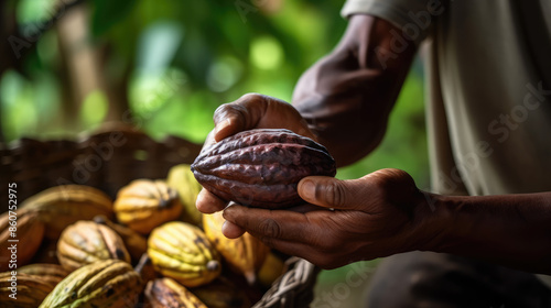 Farmer holding cocoa pod in front of basket of cocoa pods