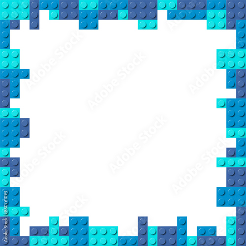 Blue frame composed of three shades of blue plastic toy blocks. Colorful brick banner isolated on a white background. Simple bricks template. Abstract vector background